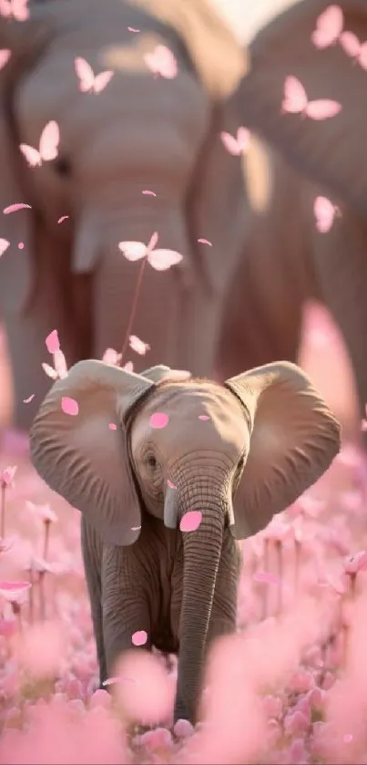 Baby elephants with pink butterflies and flowers mobile wallpaper.