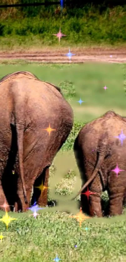 Two elephants walking on grass with sparkling effects in a safari setting.