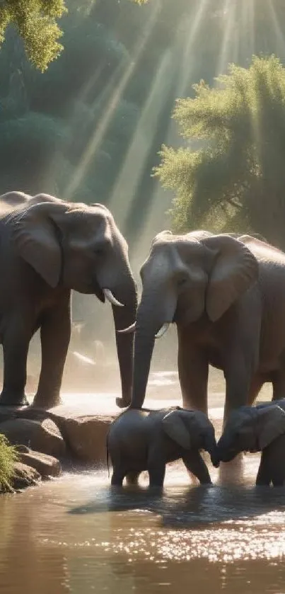 A family of elephants in sunlight by a forest stream.