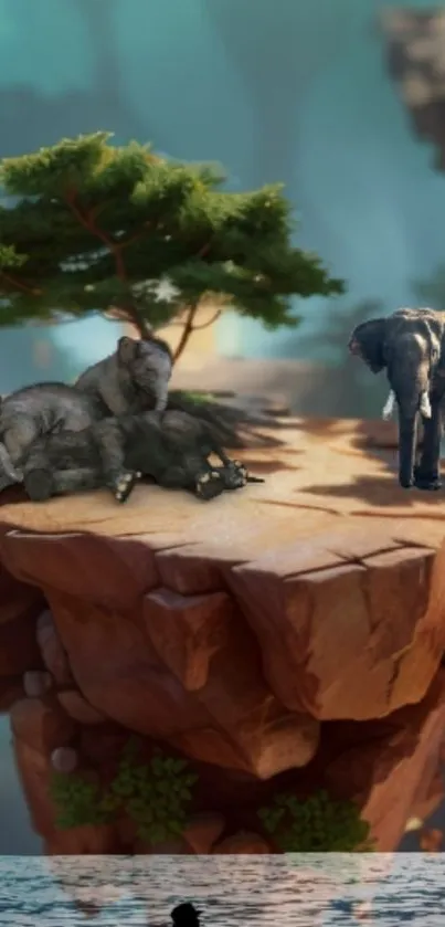 Elephants resting on a floating island with water and trees.