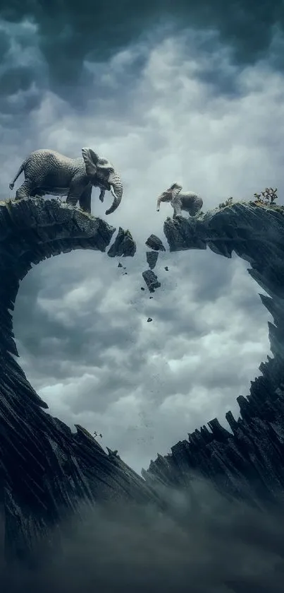 Elephants standing on heart-shaped cliff with dramatic cloudy sky.