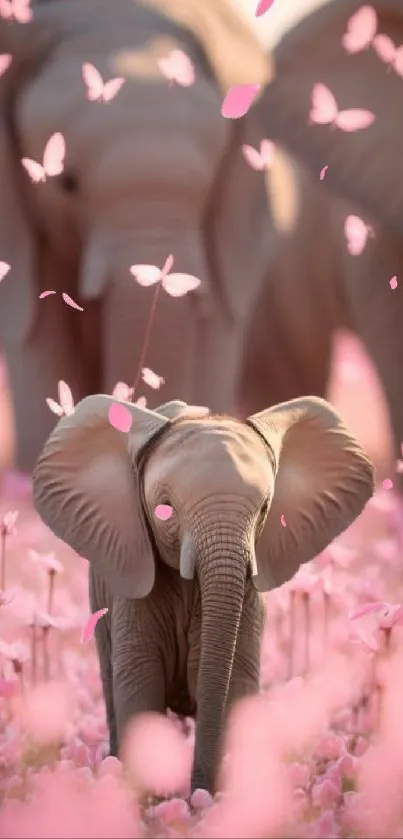 Baby elephant and pink butterflies in a serene natural setting.