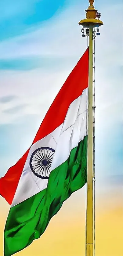 Indian flag against a vibrant sky.