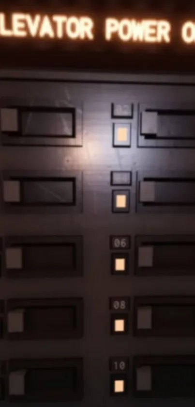 Vintage elevator control panel with illuminated switches.