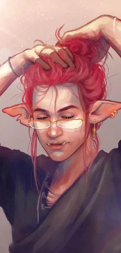 Fantasy elf character with red hair in artistic wallpaper design.