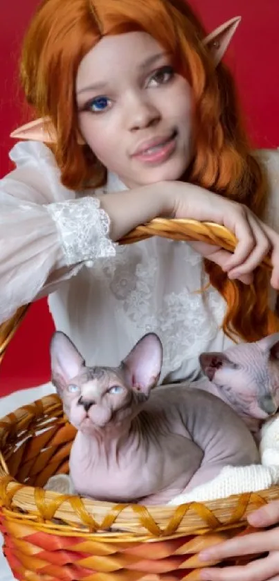 Elf with red hair and Sphynx cats in a basket.