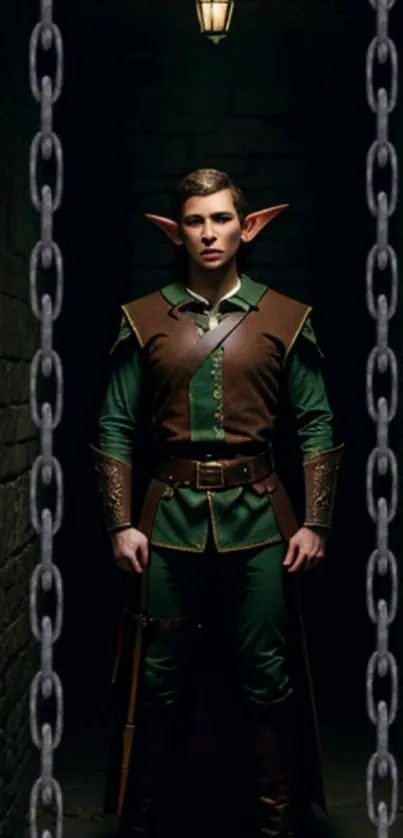 Elf warrior standing in a dim dungeon with chains, fantasy art.