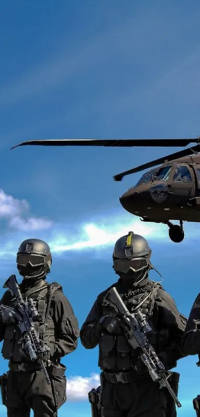 Elite soldiers with a helicopter in a blue sky scene.