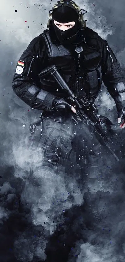 Elite soldier in tactical gear amidst swirling smoke.