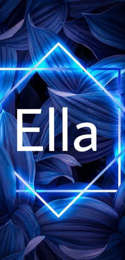 Ella neon blue leaf wallpaper with geometric frame.