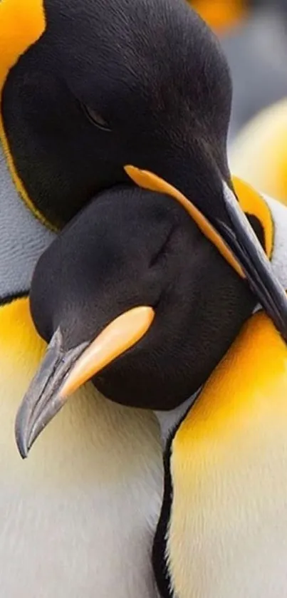 Two penguins embracing with black, white, and yellow feathers.