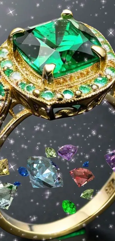 Emerald gemstone ring with colorful gems.