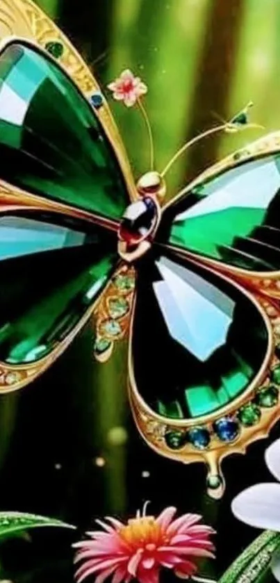 Emerald butterfly with floral background for mobile wallpaper.
