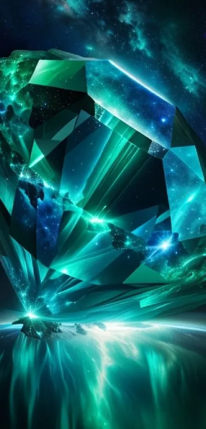Emerald gemstone with cosmic background glowing on mobile wallpaper.