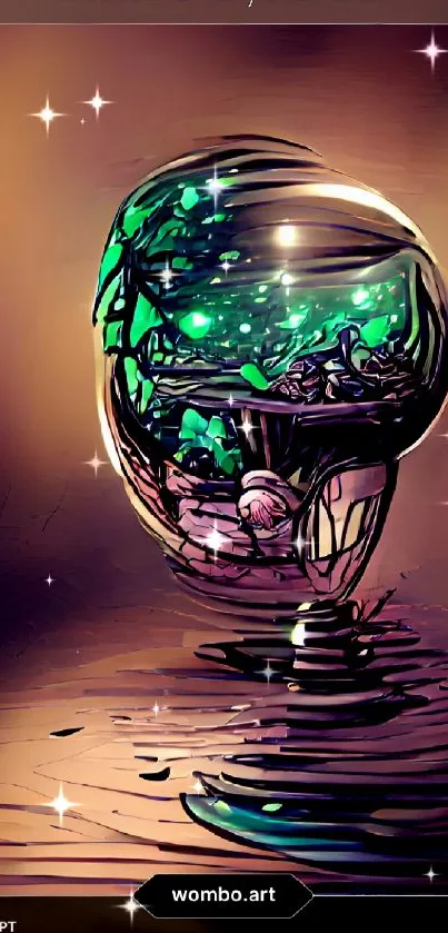 Emerald crystal ball with mystical design, vibrant green hues.