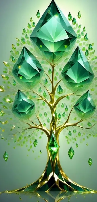 Emerald crystal tree with artistic design on a luminous green background.