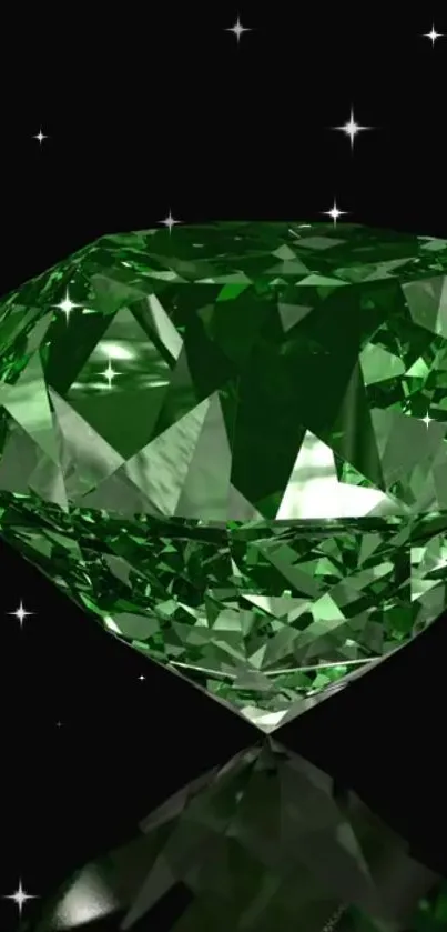 Emerald diamond on a starry black background, perfect for luxury wallpaper.