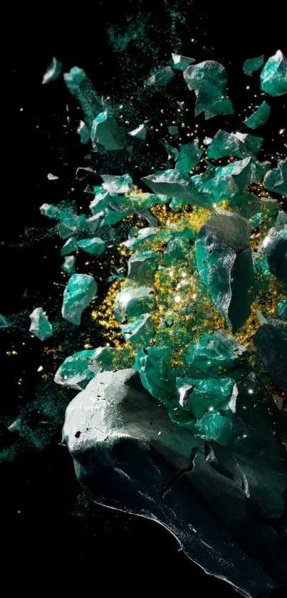 Emerald green explosion with vibrant shards and black background wallpaper.