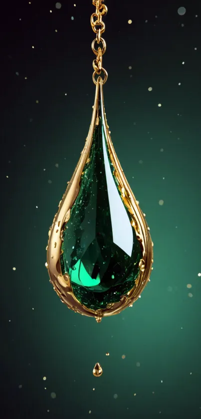 Emerald gem drop with gold accent on dark green background.