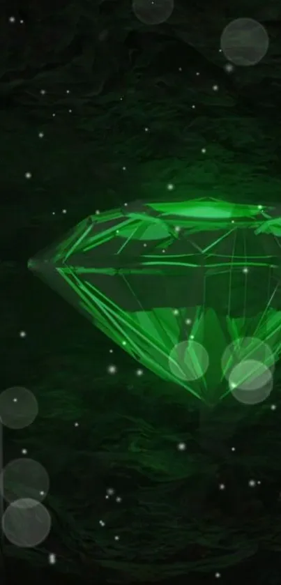 Emerald gemstone on a dark background with glowing effects.