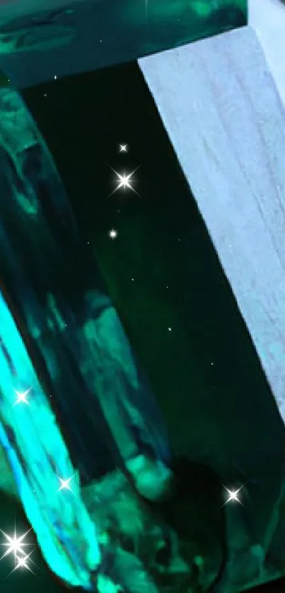 Polished emerald stone with vibrant teal hues on a dark background.