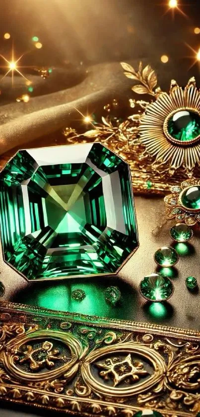 Emerald gemstone with gold embellishments on luxurious wallpaper.