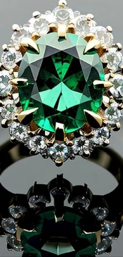 Stunning emerald gemstone ring with diamond accents on gold band.