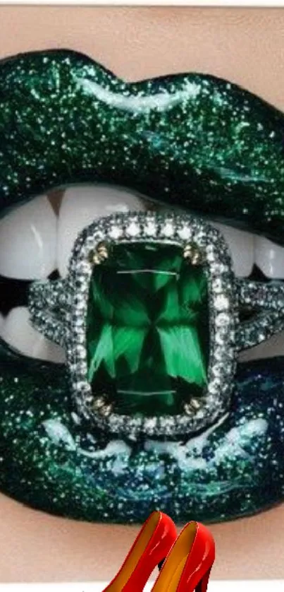 Emerald lips with gemstone ring wallpaper