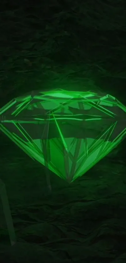 Luminous emerald green diamond on a dark background.