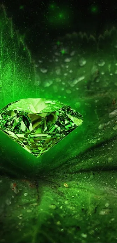 Emerald diamond with green glow on leaf.