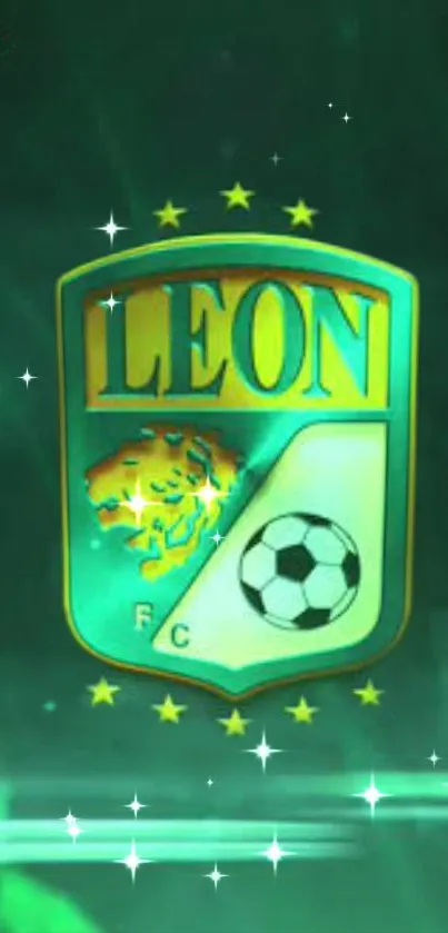 Emerald green soccer emblem with lion and ball on vibrant background.