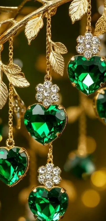 Emerald heart gemstones with golden leaves.