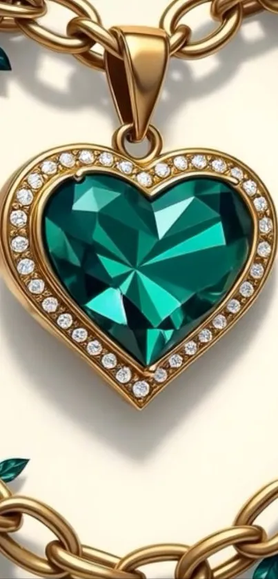 Emerald heart pendant with gold chain design.