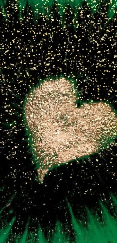 Emerald heart on green and black abstract background wallpaper.