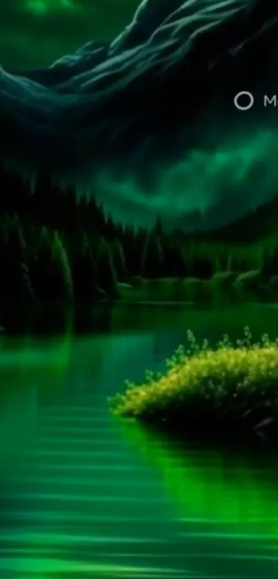 Emerald green mountain lake with forest and misty sky.
