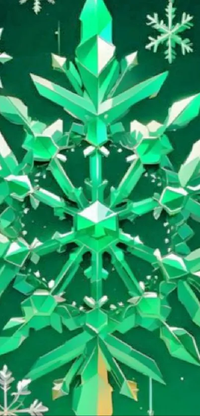 Emerald green geometric snowflake digital wallpaper with a winter theme.