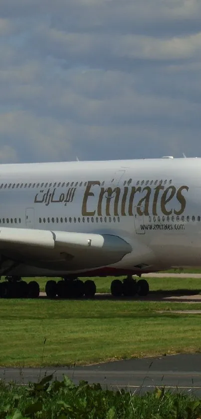 Emirates A380 aircraft on runway under a vibrant sky.