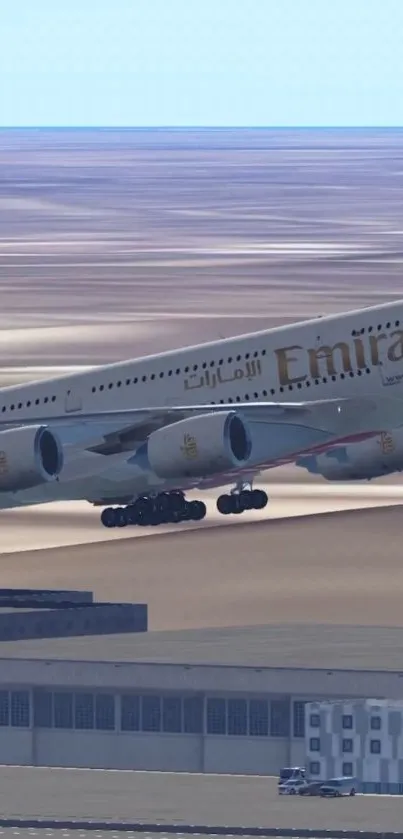 Emirates jet soaring above a vast desert landscape.