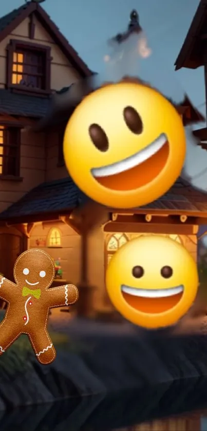 Mobile wallpaper with bright emojis and gingerbread house.