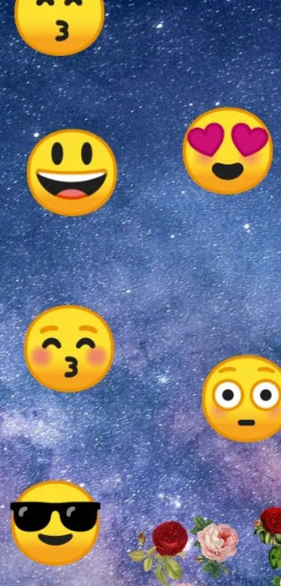 Vibrant emoji wallpaper on starry sky background.