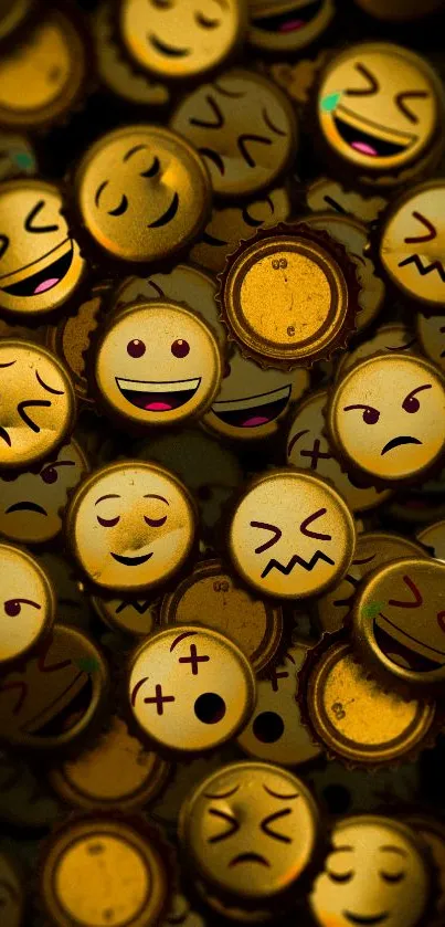 Emotive emoji bottle caps on a vibrant wallpaper.