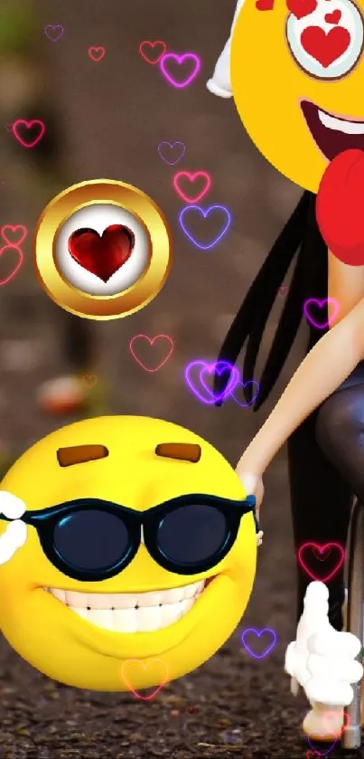 Colorful emoji character sitting on chair with textured background.
