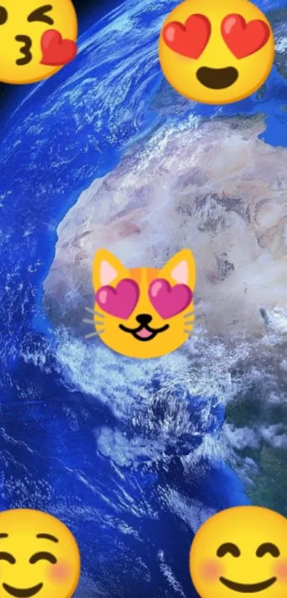 Earth with love emojis mobile wallpaper in blue tones.