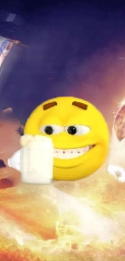 3D emoji with drink in fiery explosion background.