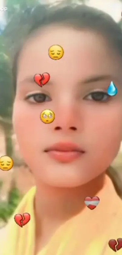 Portrait with expressive emojis on face.