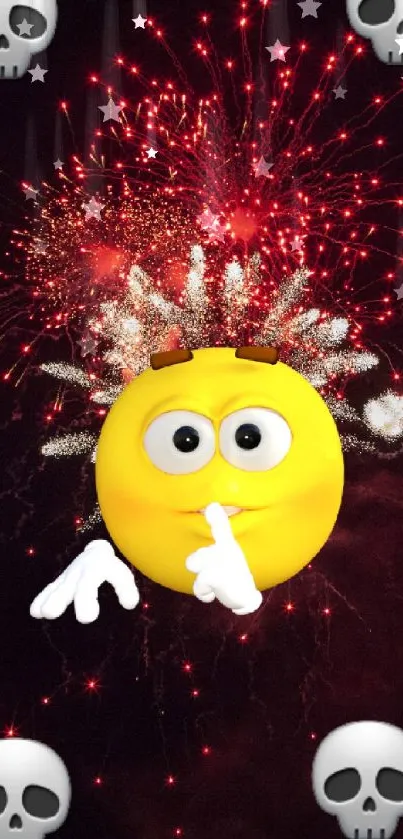 Playful emoji with red fireworks background.