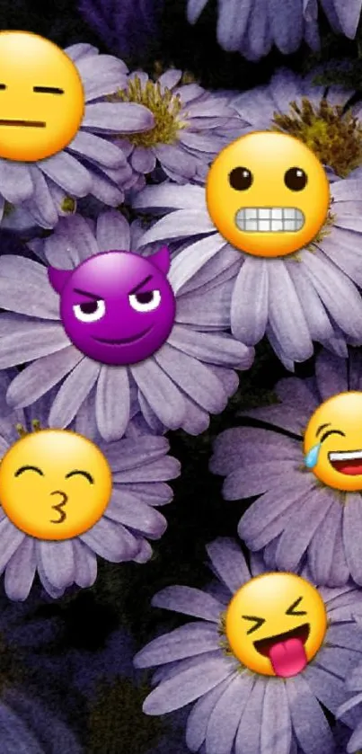 Playful emojis on purple daisy flowers wallpaper for mobile.