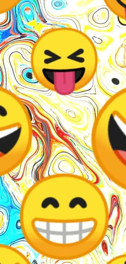 Smiling emoji faces on an abstract colorful background.