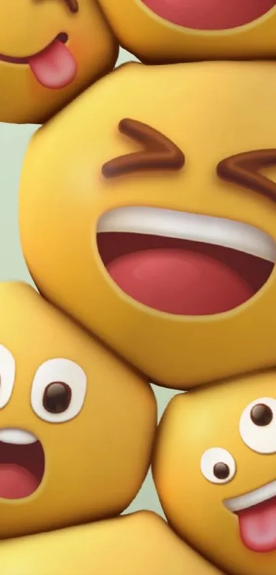 A stack of playful yellow smiley emojis with various expressions.