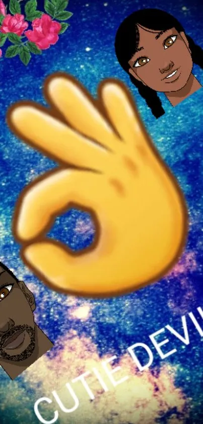 Mobile wallpaper with emoji hand and galaxy background.